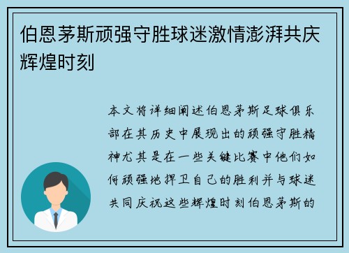 伯恩茅斯顽强守胜球迷激情澎湃共庆辉煌时刻