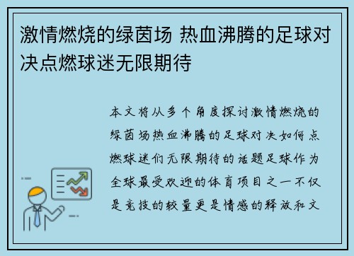 激情燃烧的绿茵场 热血沸腾的足球对决点燃球迷无限期待