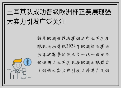 土耳其队成功晋级欧洲杯正赛展现强大实力引发广泛关注